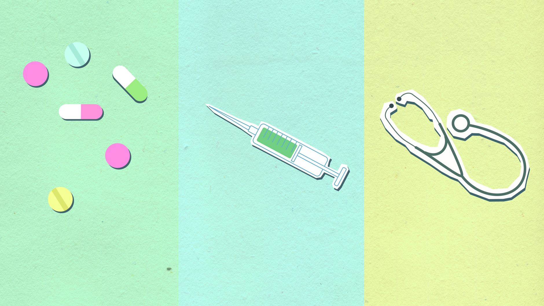 Top view of decorative cardboard appliques representing assorted medications near syringe with vaccine and stethoscope — Dent