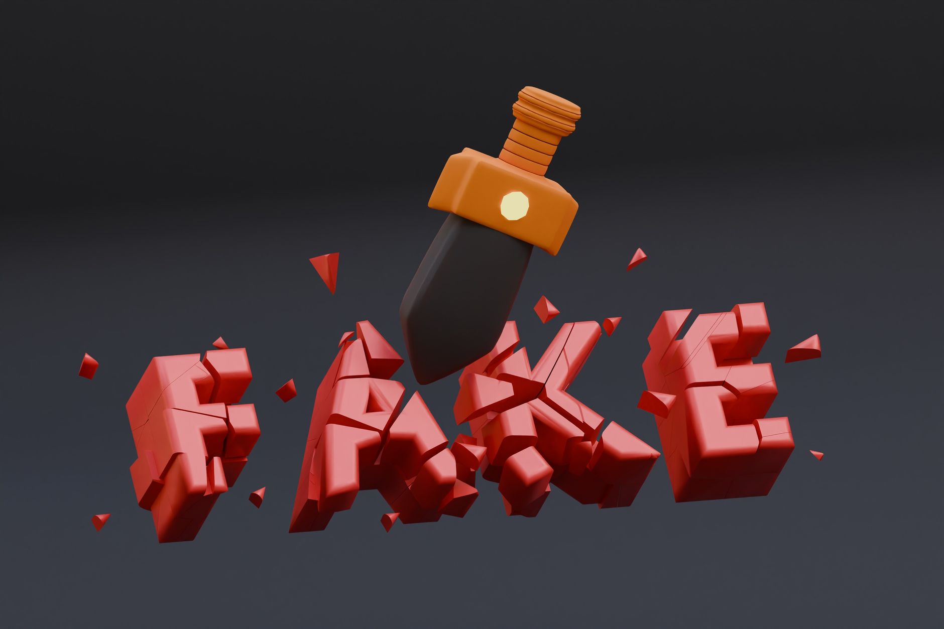 3D visualization of the word 'fake' being shattered by a dagger symbolizing disinformation. — Millionz Casino paramétrage du