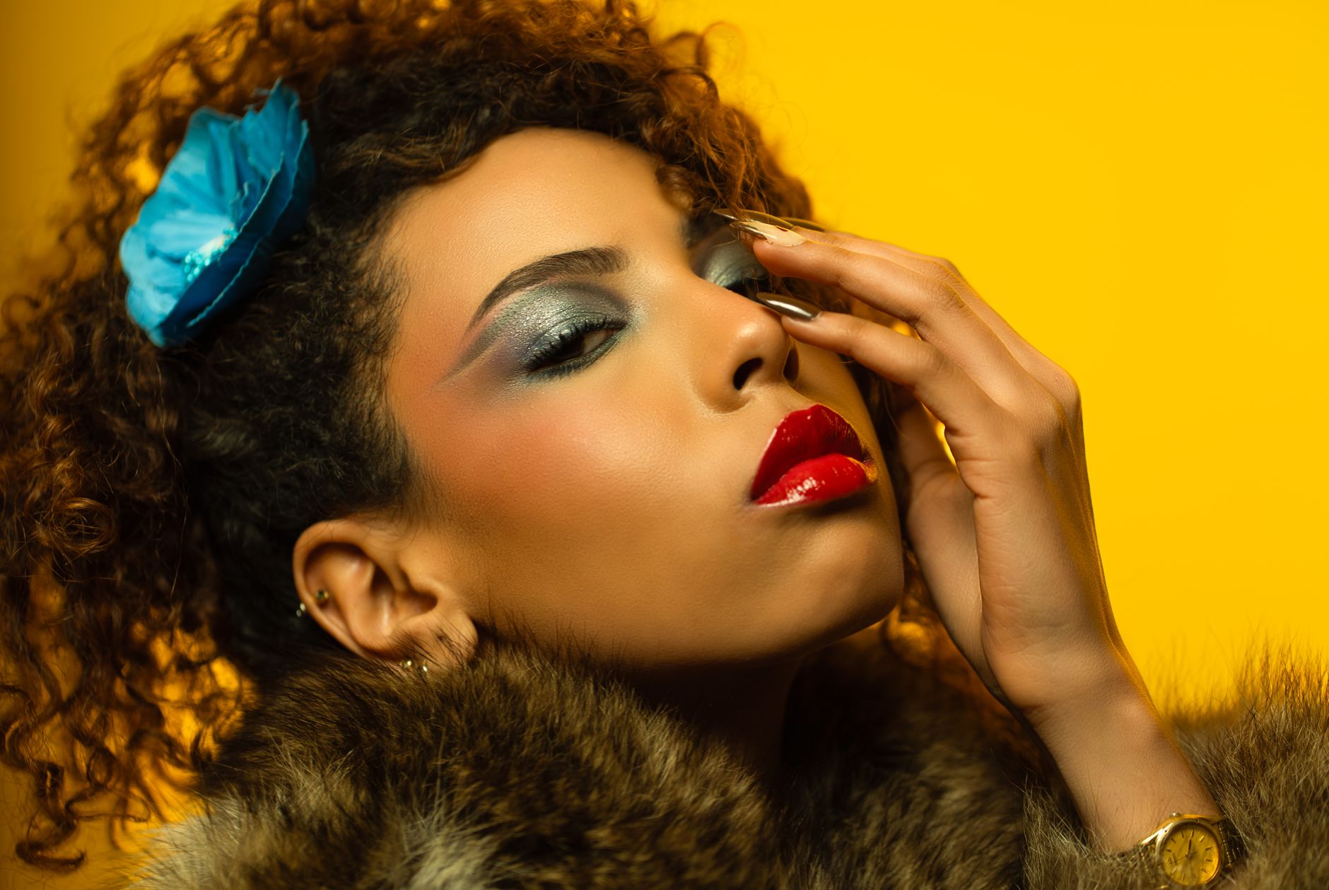 A stylish retro portrait featuring a woman with red lipstick and a fur coat against a yellow backdrop. — Seniors Care: 5 Acti